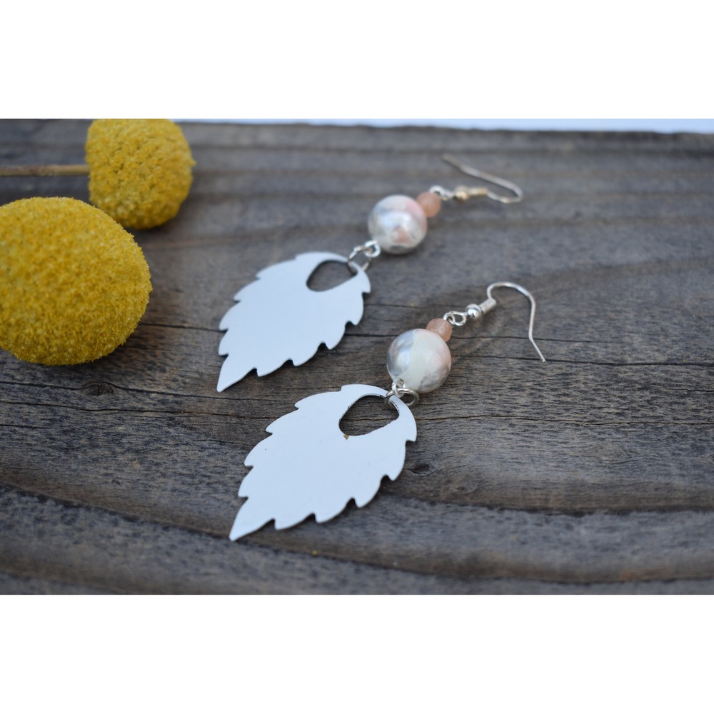 White leaf and upcycled vintage bead earrings.